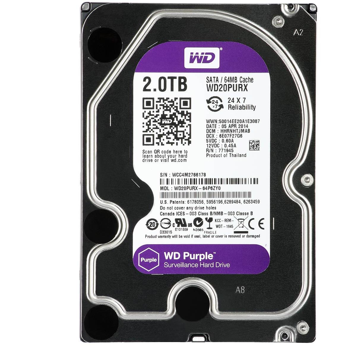 【動作確認済　使用頻度少】WD Purple 2TB HDD WD20PURX Western Digital 2TB 内蔵 HDD WD Purple 監視システム用